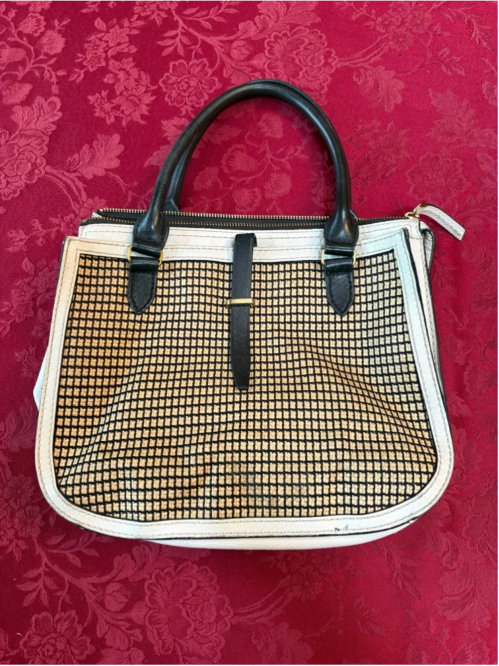 Fossil Beige and Black Perforated Leather Satchel Bag
